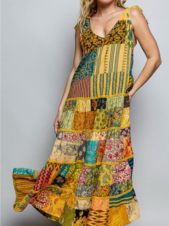 POL Dresses & Skirts - POL Patchwork Maxi Dress in Yellow and Multicolor